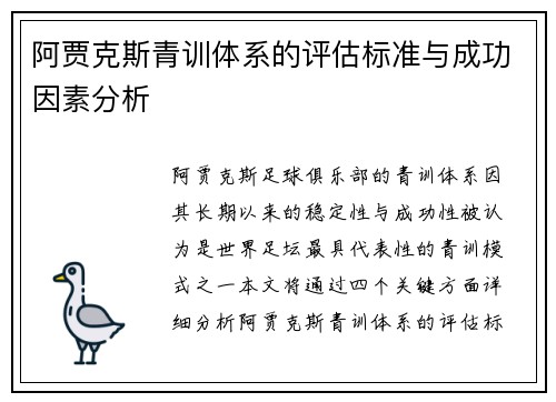 阿贾克斯青训体系的评估标准与成功因素分析 阿贾克斯青训体系的评估标准与成功因素分析